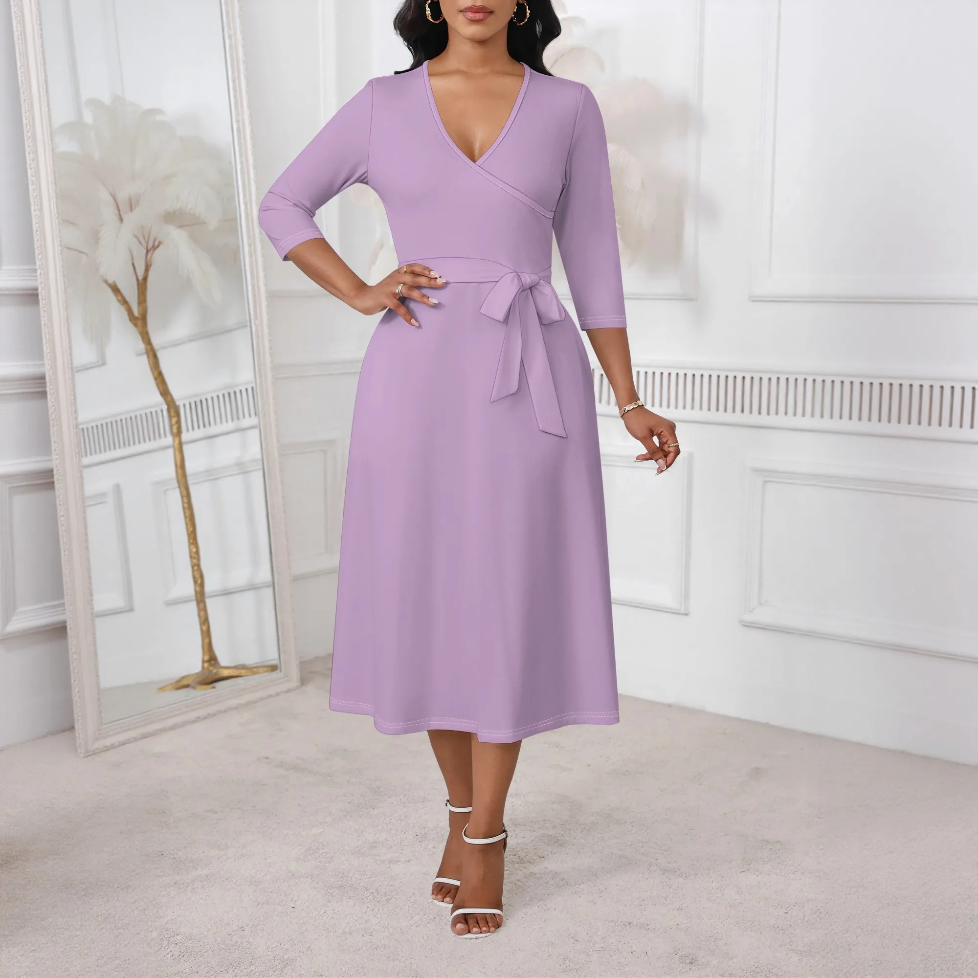 

Nupusa Solid Purple Dress for Women Regular Size Casual Surplice V Neck 3/4 Sleeve Belted Midi Dress