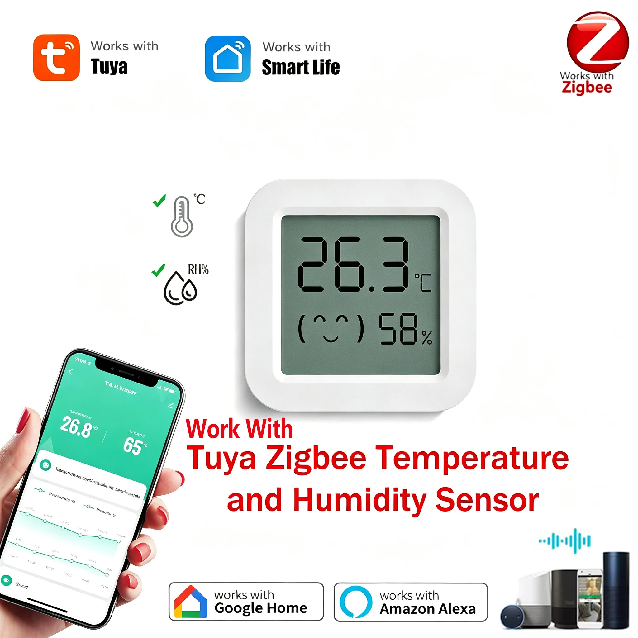 ZigBee Temperature Humidity Sensor For Smart Home With Mini LCD Screen Works With Tuya SmartLife Yandex Alexa