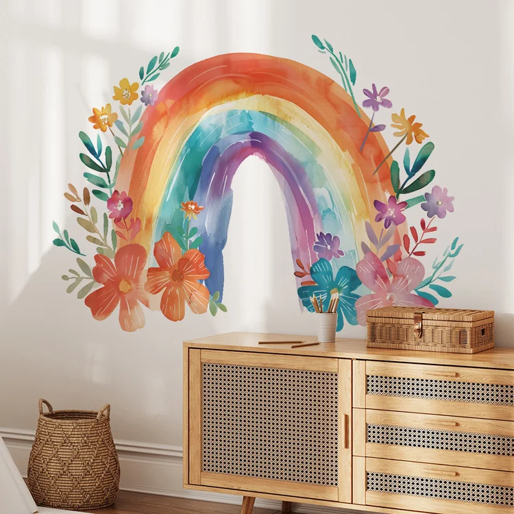 Bunte Blumen, Blätter, Regenbogen, Wandaufkleber, Kinderzimmer, Hintergrunddekoration, Tapete, Schlafzimmerdekoration, selbstklebende Wandaufkleber für Zuhause – Detail 2