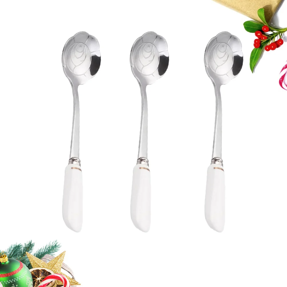 

3Pcs Coffee Stirring Spoons Stainless Steel Ceramic Handle Petal Shape Long Mixing Stick for Milk Tea Cocktail Dessert Honey