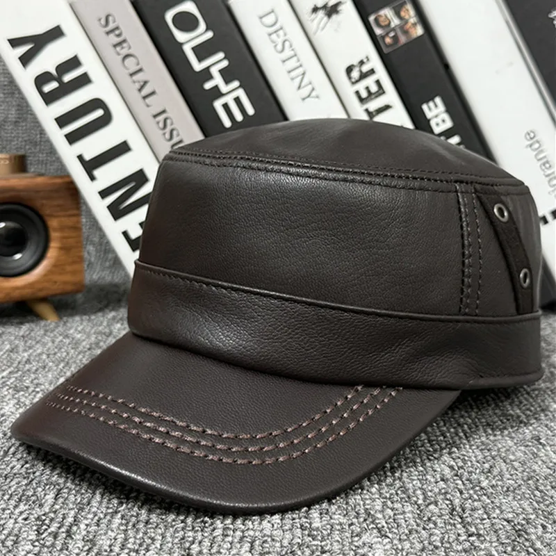 

Новые осенне-зимние теплые кепки из натуральной кожи для мужчин, индивидуальные кожаные военные шапки из овчины, кепка с плоским верхом, фиксированная вечерние шапка