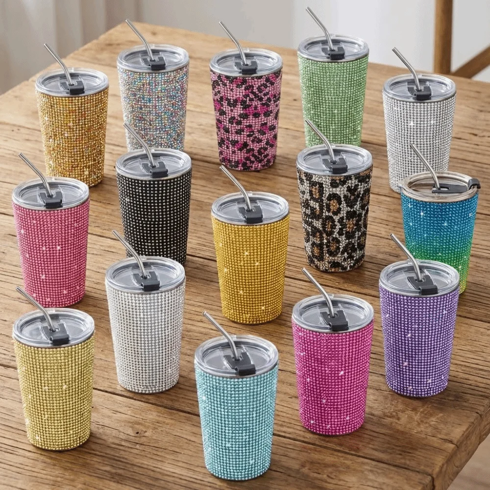 500ml Rhinestone Water Cup Bling Reusable Glitter Coffee Mug Sparkling with Lid Straw Stainless Steel Water Bottle