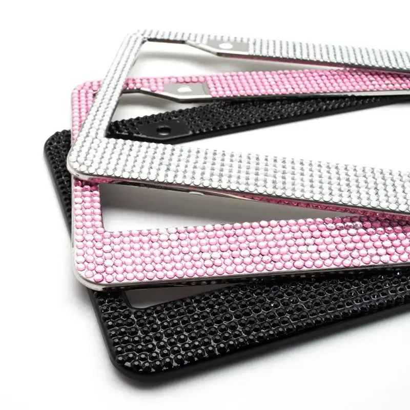 

1Pcs 31cm Stainless Steel Pink Diamond License Plate Holder Screw White Refit Fixed Black License Plate Holder Personality Auto