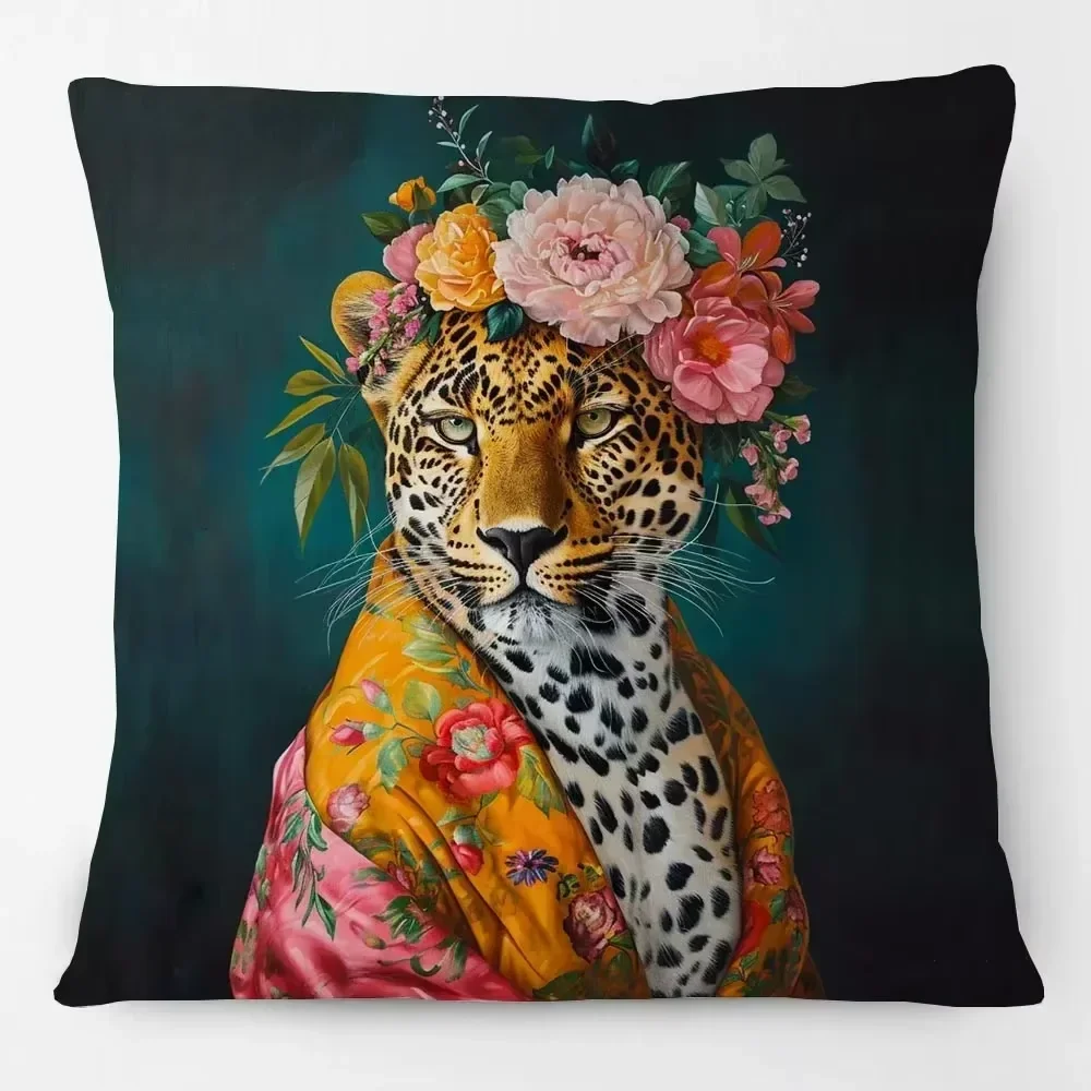 European Vintage Leopard & Wreath Animals Portrait Painting Cushion Covers – Decorative Home Decor Pillow Cases
