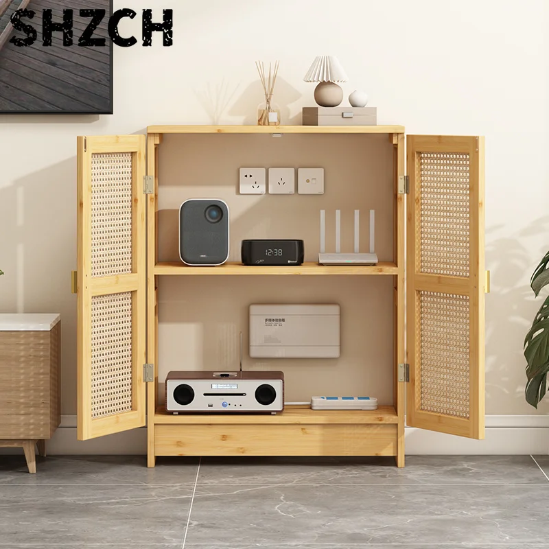 Modern WiFi Router Storage Cabinet Rattan Woven Living Room Cabinet for Set-top Box Minimalist Cable Organizer with Ventilation