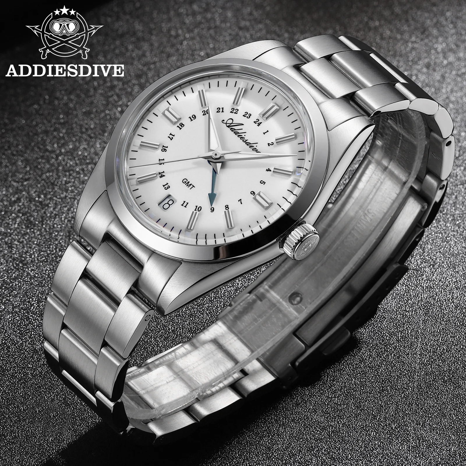 ADDIESDIVE New 36mm GMT Watch Men 100m Waterproof AR Coating Domed Glass Calendar 316L Stainless Steel Dress Men\'s Watch reloj