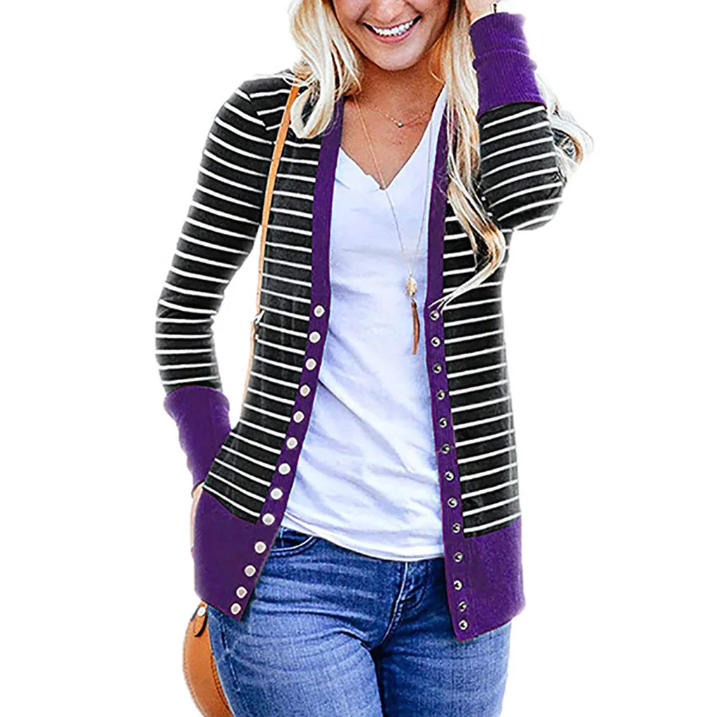 Cardigan single breasted stripe color long sleeve coat woman