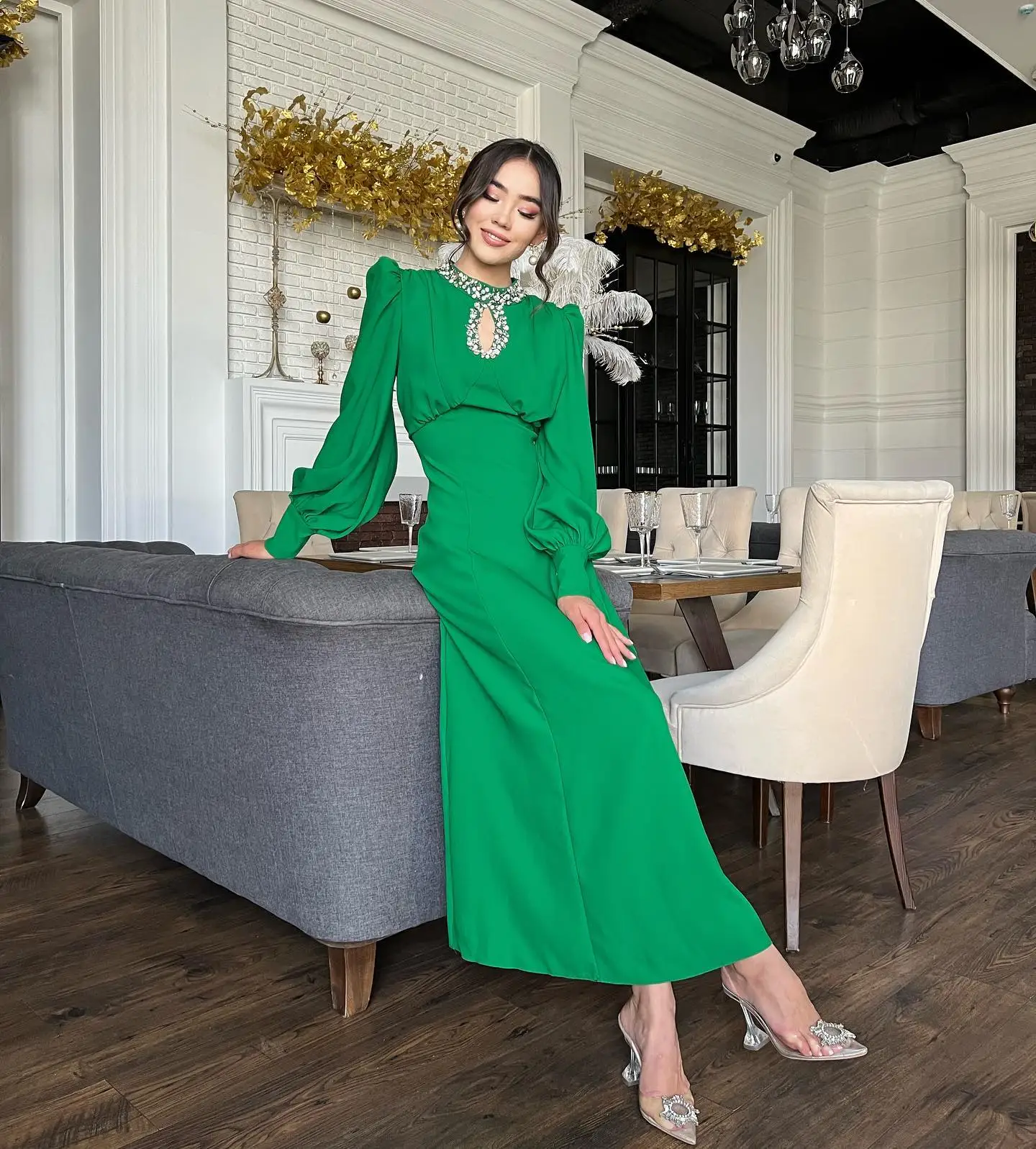 Aangepaste hoge kwaliteit jersey kristal avondjurken temperament lange mouwen celebrity jassen op maat gemaakte vestido de