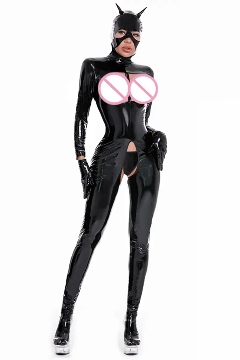 Sexy Latex Catsuit Vrouwen Natte Look Glanzend Pu Faux Lederen Bodysuit Jumpsuits Pak Met Ritssluiting Open Kruis Bodysuit Clubwear Plus Size