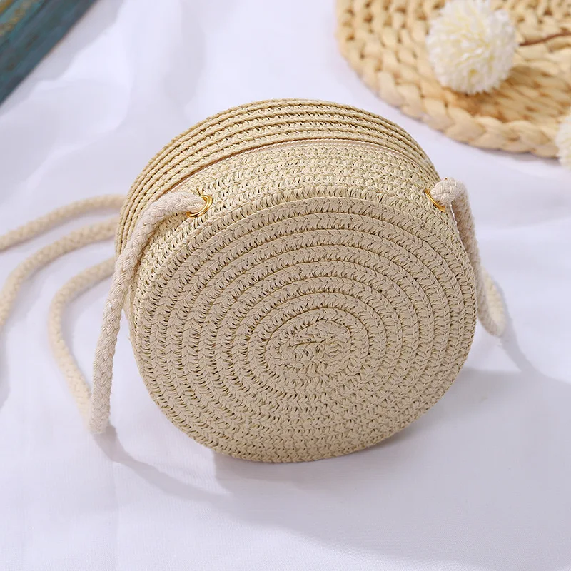 Children's cute round bag messenger mini coin purse summer seaside straw crossbody bag