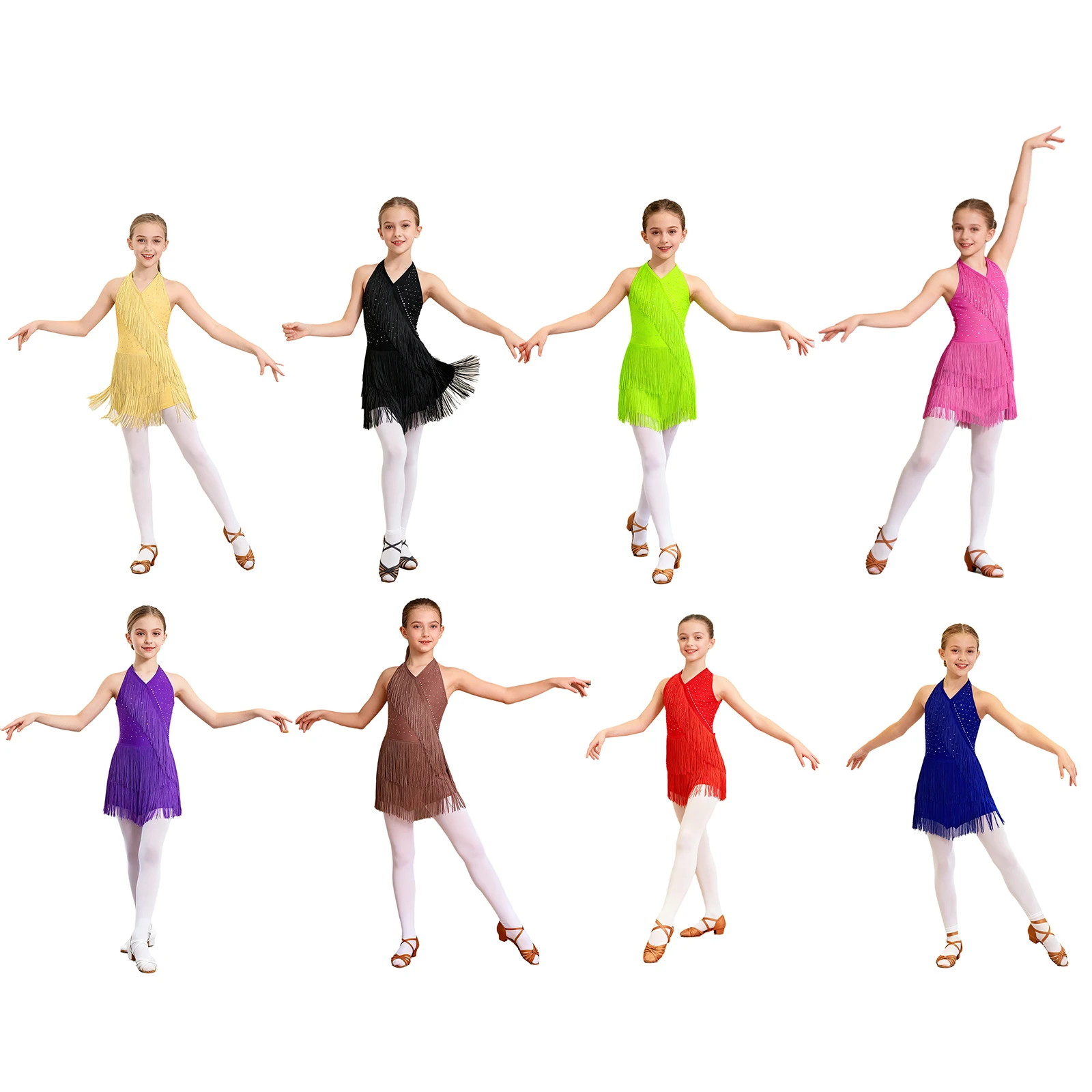 Teens Girls Latin Dance Costume Fringe Leotard Kids Sleeveless Tassel Jumpsuit Tango Dress Rumba Chacha Stage Dancewear Outfits