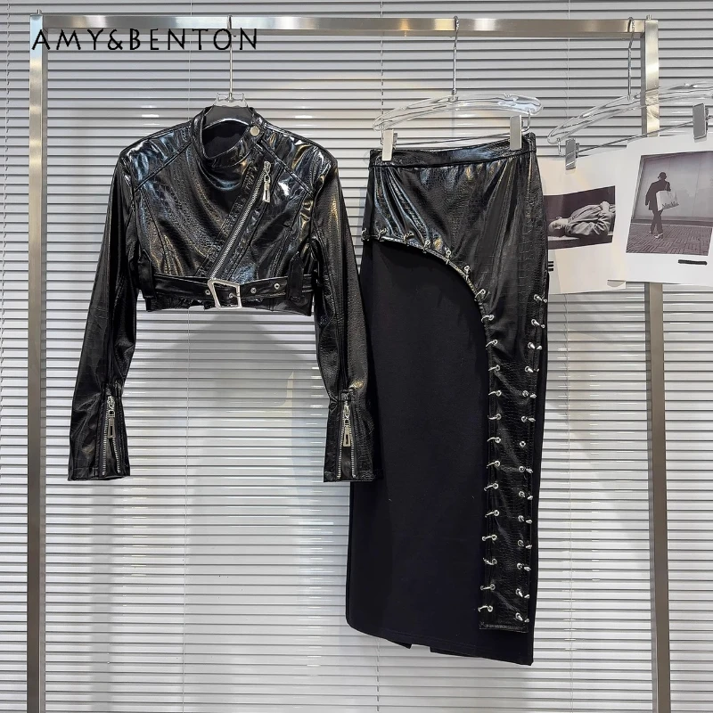 

Spring Autumn Hot Girl Diagonal Zipper PU Leather Women's Coat Original Retro Sweet Cool Sexy Iron Ring Long Skirt Set Ladies