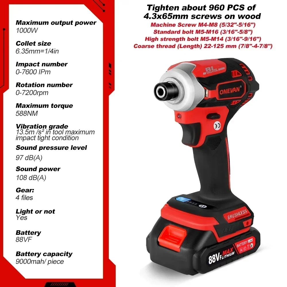 ONEVAN 588NM Cordless Electric Impact Brushless Wrench 5 Speed Screwdriver Power Tool 1/4\