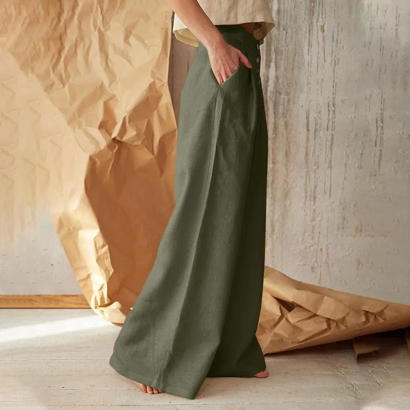 2023 New Women Fashion Linen Cotton Solid Button Tall Waist Trousers Female Plus Size Summer Casual Wide-Legged Pants