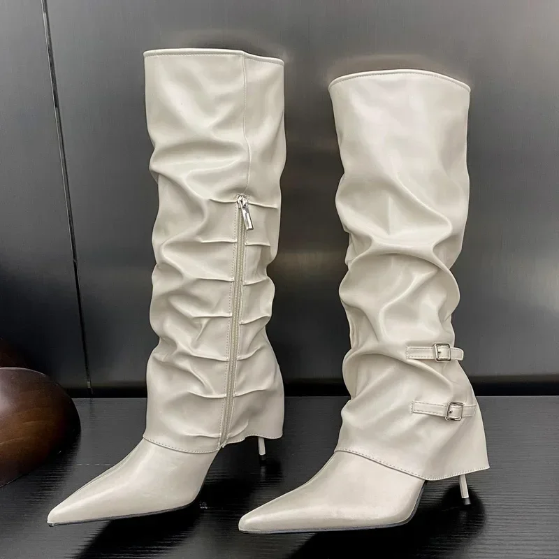 Designer Belt Buckle Pleated Women Ankle Boots Pointed Toe Thin Heels High Quality Design Zipper Autumn Winter Shoes - Image 3