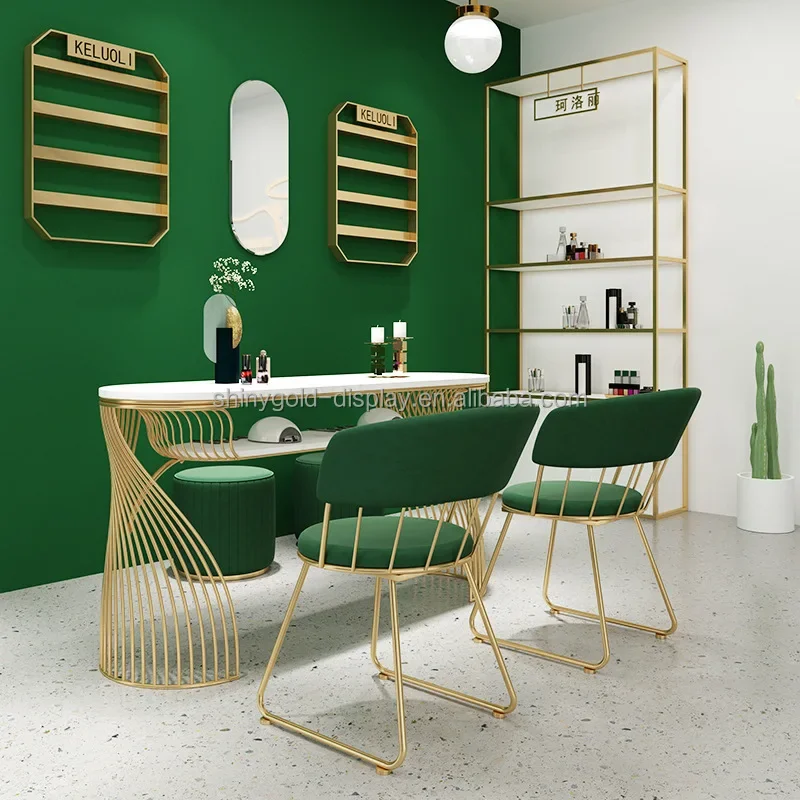 Wholesale Simple Modern Table and Chair Set Gold Nail Double Layer Art Table Nail Trimming Table Manicure Nail Salon