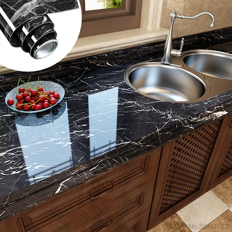 Black Marble Waterproof Oil-proof Self Adhesive Vinyl Wallpaper Wall Stickers Bedroom Bathroom Kitchen Cabinet Furniture Recap