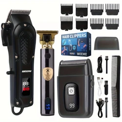 Exclusive Cool Black Three-piece Set For Men: Smart LCD Display Hair Clipper + T-shaped Trimmer + Shaver, USB Fast Charging