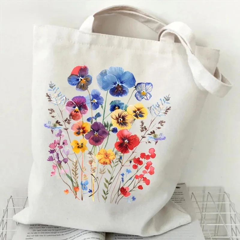 Boho Lavender Print Canvas Tote Bag Women's Aesthetics Wildflowers Beach Shoulder Bag Student Casual Travel Floral Trend Handbag