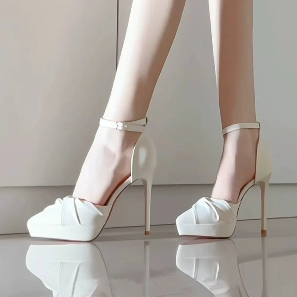 2026 New Pleated One-Word Buckle Strap Baotou Sandals Women's Platform Non-Tired Feet Hollow High Heels
