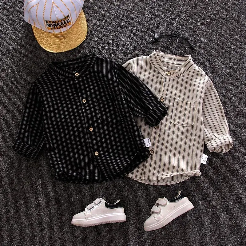 Children Clothing Boys Shirts 2024 New Style Baby Boy Shirts Spring and Autumn Tops Thin Vertical Strip Long Sleeve Shirts Tide