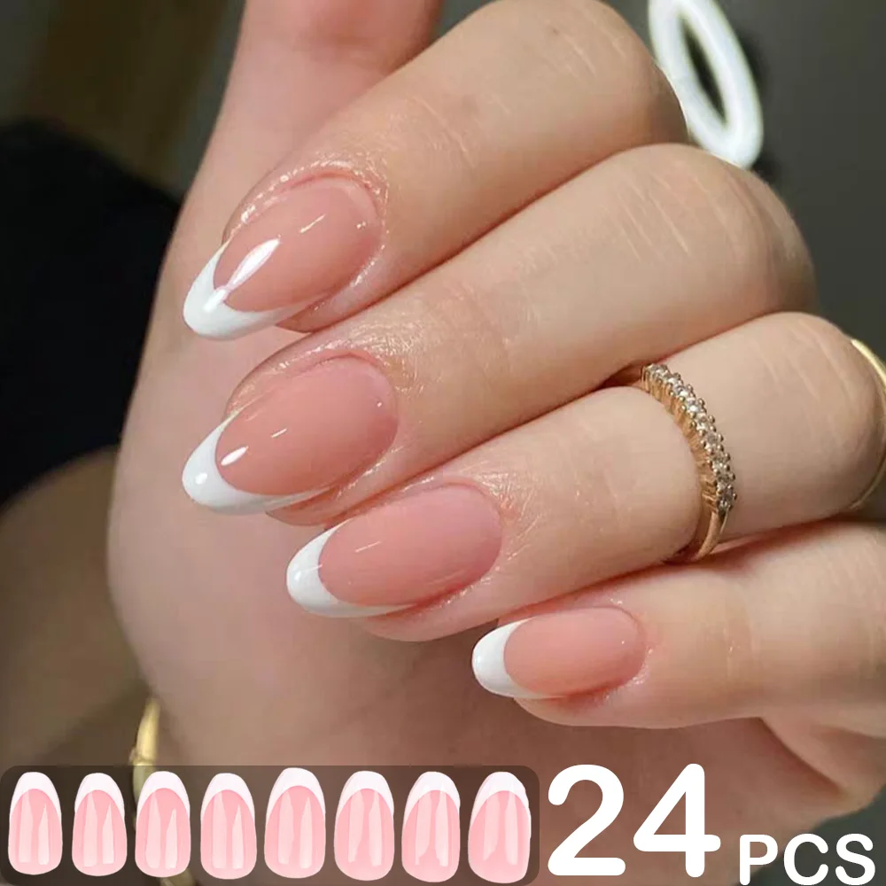 

24Pcs French Press On Nails Sweet White With Pink Almond Nails Art Date Working Simple False Nails