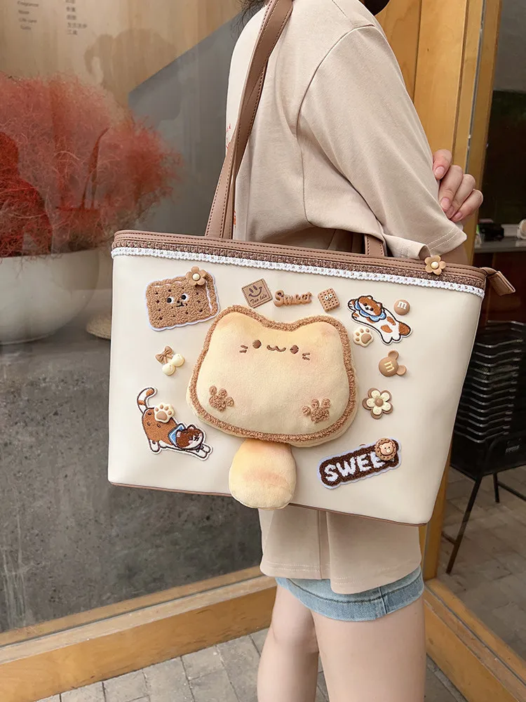 Cute Sweet Cartoon Cat Afternoon Tea Leather Handbag LadiesLarge Capacity Commuter Premium Sense Tote Shoulder Bags for Women