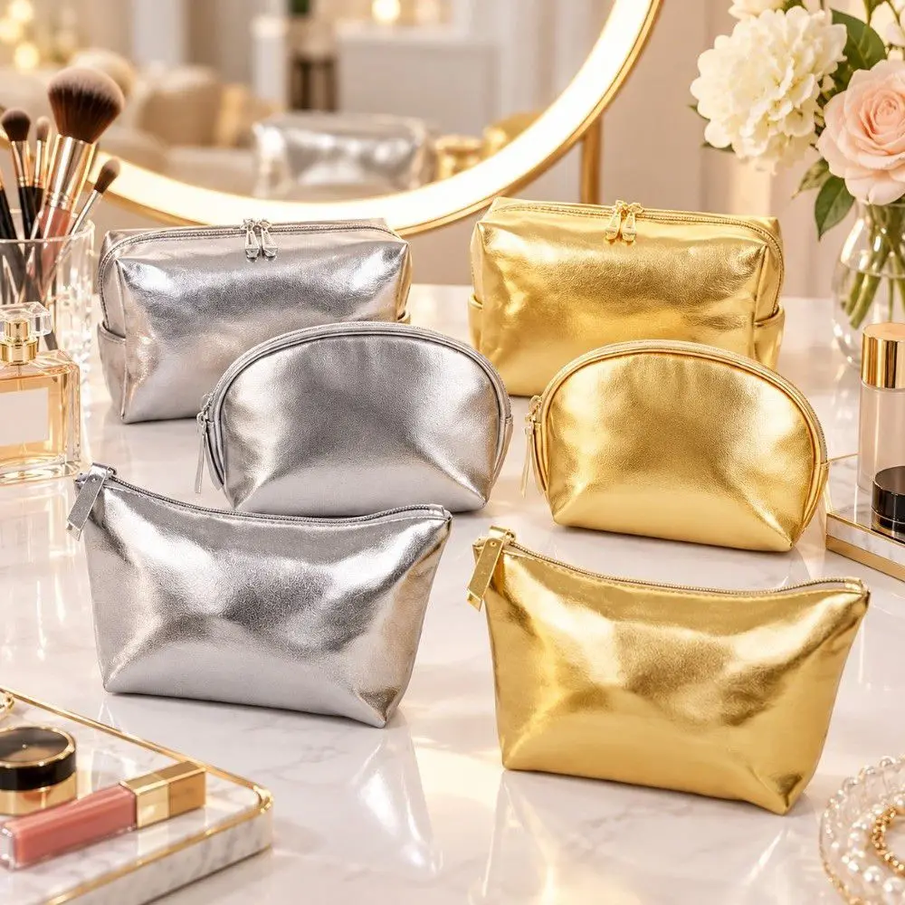 Portable Silver/Gold Handheld Makeup Bag PU Leather Zipper Closure Cosmetic Bag Waterproof Soft Toiletry Bag Cosmetic Storage