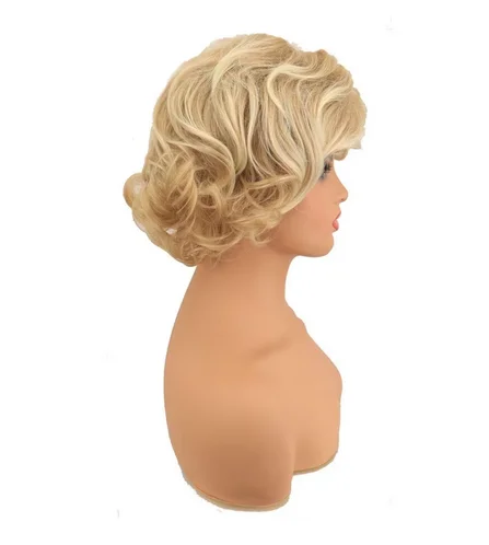 Perruques courtes bouclées blondes dorées avec frange pour femme, degré de chaleur, lustre naturel, look 70 s, perruques complètes synthétiques pour femme