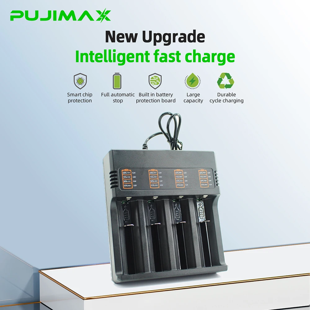 PUJIMAX 18650 Lithium-ion Battery 3.7V 2500mAh Rechargeable Battery for Pointer Doorbell Flashlight Fans Battery+4 Slots Charger