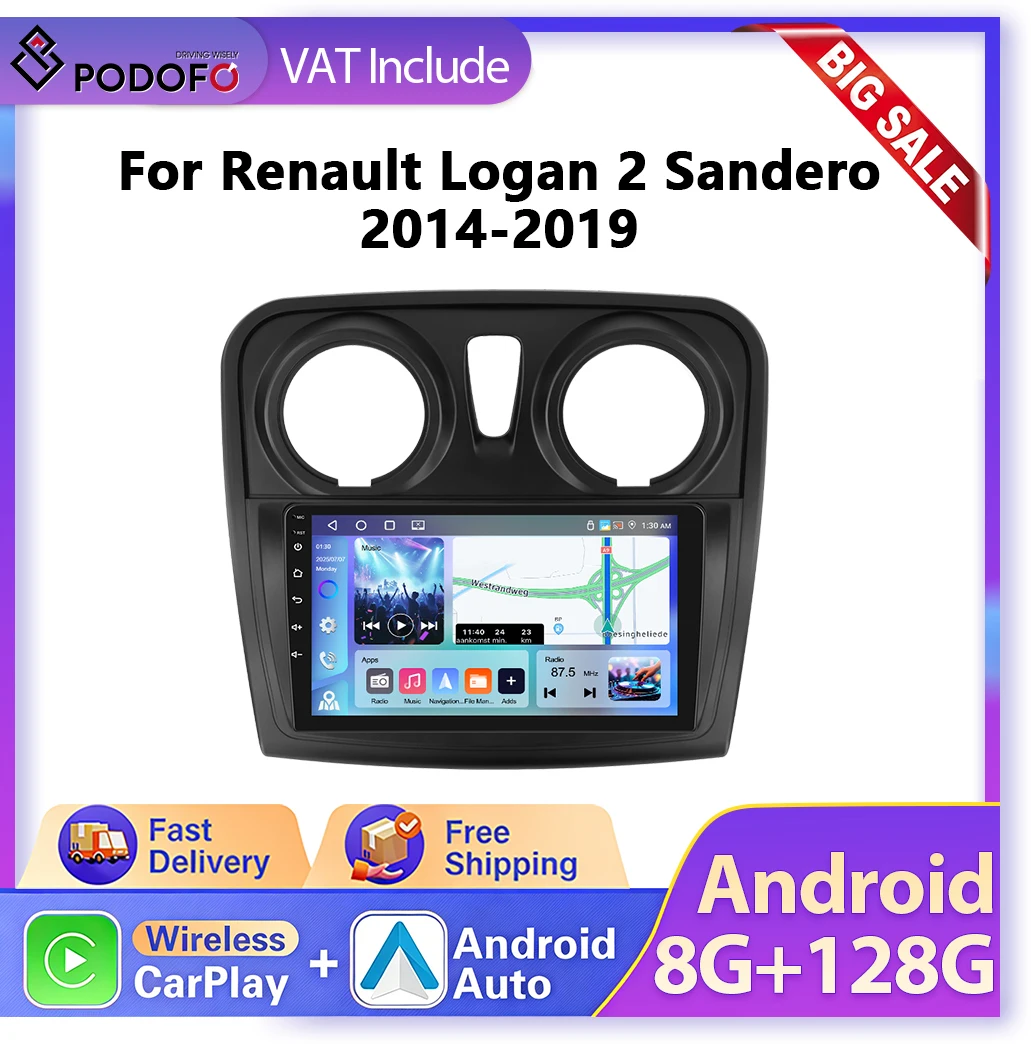 Podofo 9" 2DIN Android Car Radio Wireless CarPlay Auto Intelligent Stereo For Renault Logan 2 Sandero 2012-2019 Car Multimedia Player GPS 4G WIFI Support SWC BT FM RDS Subwoofer Amplifier Rear Camera