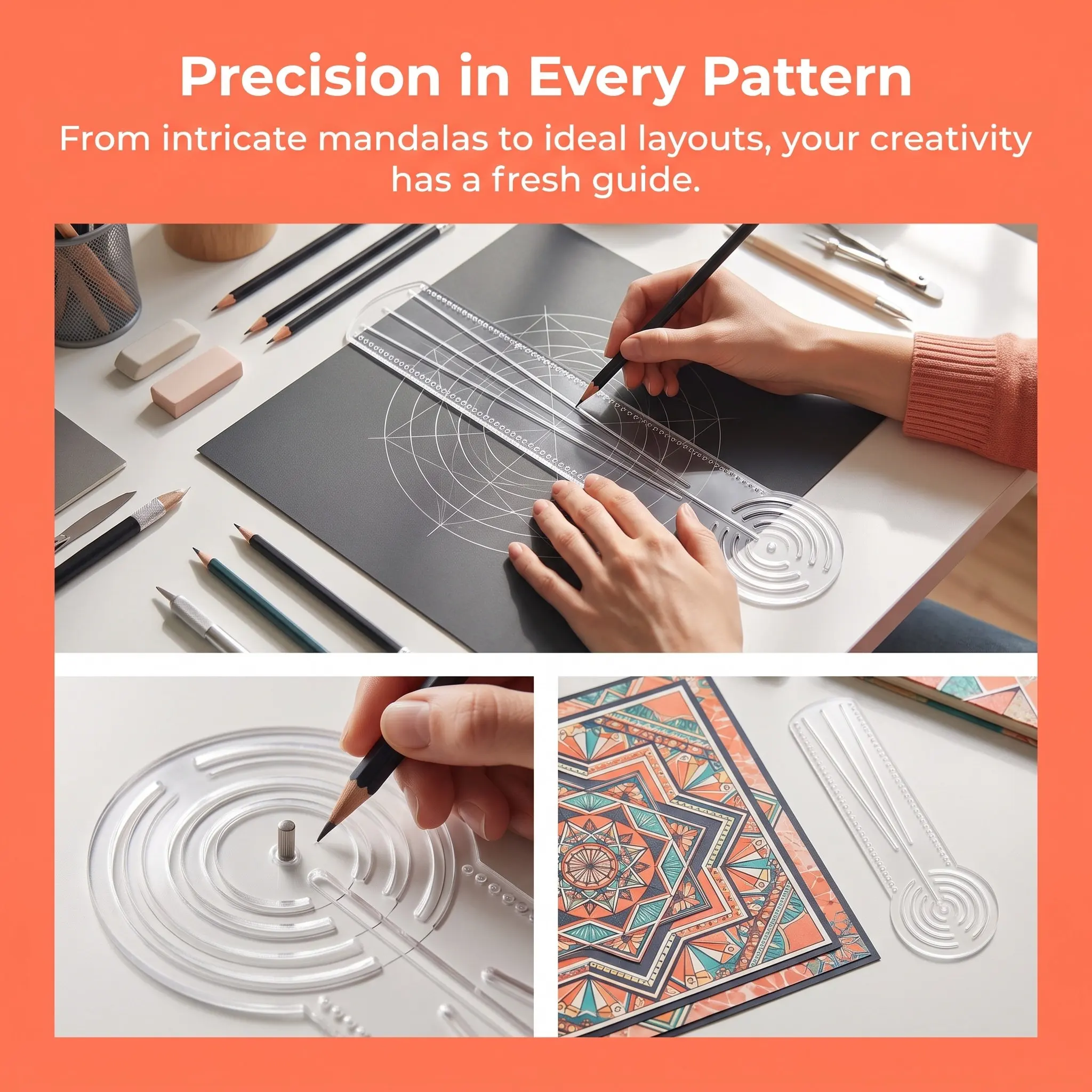 2Pcs Acrylic Drafting Ruler Mandala Geometry Template Radial Grid Symmetry Guide for Technical Drawing Calligraphy Craft Layouts