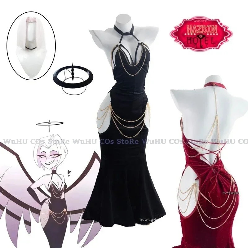 

Hasbin Lute Wig Angel Lute Sexy Black Long Dress Cosplay Costume Hotel Lute Wig Halo Women Hallowen Carnaval Fancy Party Cosplay