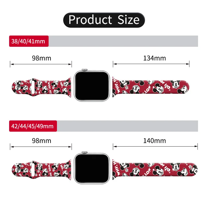 Mickey Mouse Print Silicone Watch Band, adequado para Apple S8, iWatch 6, 5, 4, 3, 2, SE, novo estilo, 2023