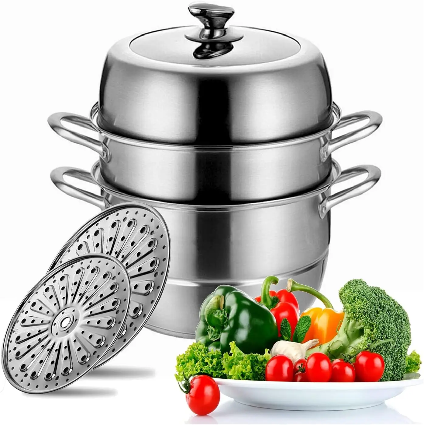 

Stainless Steel Steamer Pot Thick-bottomed, 3 Tier Food Steamer for Cooking, Large Metal Steam Cooker, Work for Induction and St