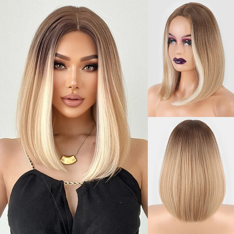 Fashionable women's wig with collarbone-length hair, Korean-style highlights, flattering light brown color, middle-parted short