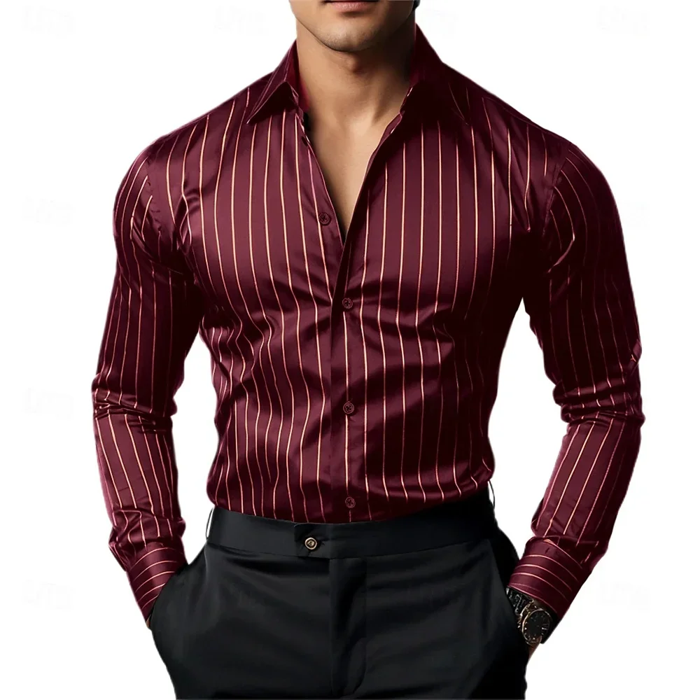 Men's new striped contrasting shirt, long-sleeved lapel, single-breasted spring and autumn business casual classic clothing men'