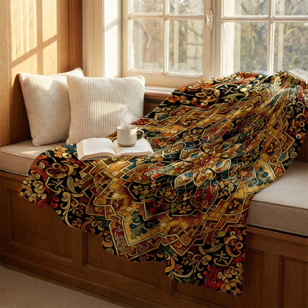 Matte Dark Green Backdrop Symmetric Vintage Golden Mosaic Floral Mandala Oriental Boho Full Print Fluffy Blanket Couch Gift