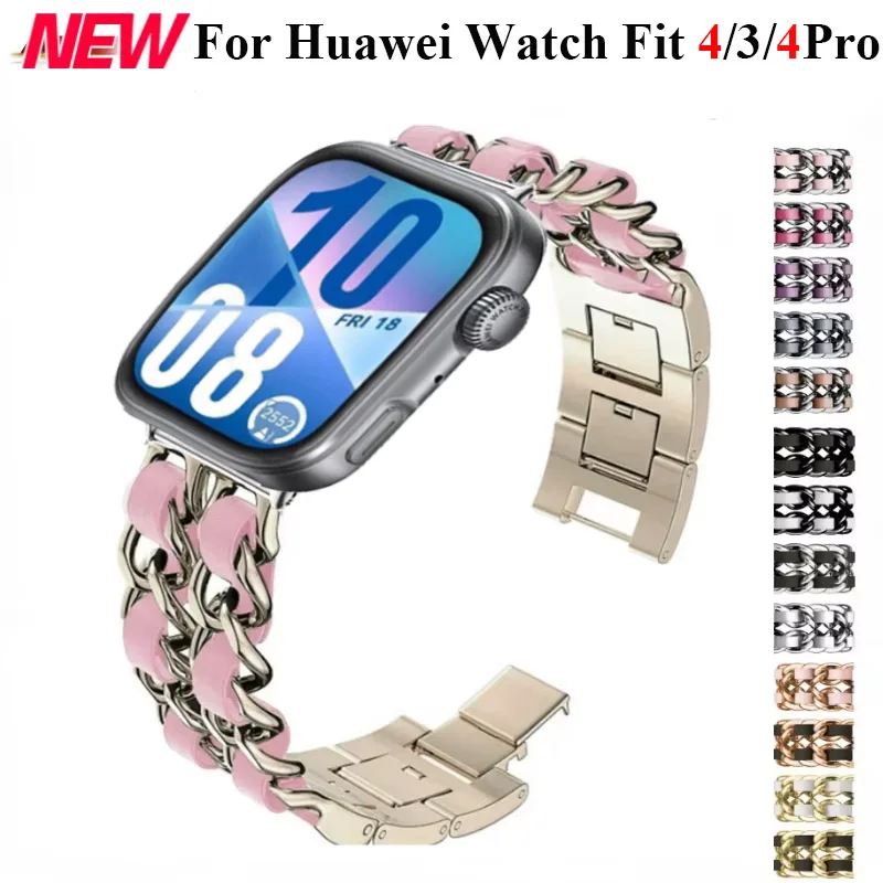 Metal+Leather Strap for Huawei Watch Fit 5/4 Band Women Smartwatch Replacement Wristband Huawei Watch Fit 5/4 Pro Bracelet Belt