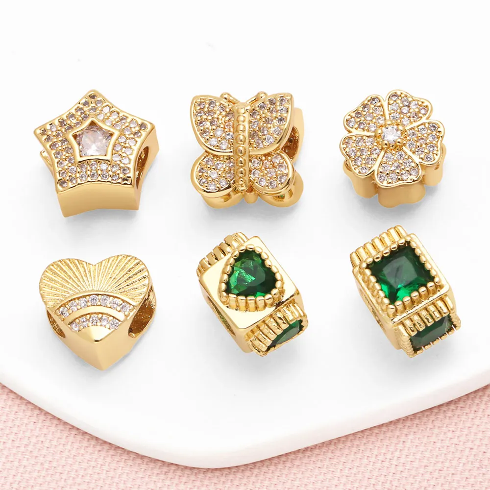OCESRIO Green Crystal Rectangle Heart Charms for Bracelet Copper Gold Plated CZ Butterfly Star accesorios de joyería chma287
