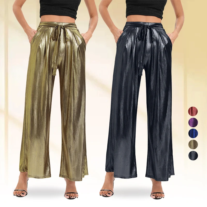 Women Sexy Metallic Pants Bronzing Shiny Flare Pants Lady Loose Elastic Waist Bottom Hip Hop Baggy Wide Leg Trousers Clubwear