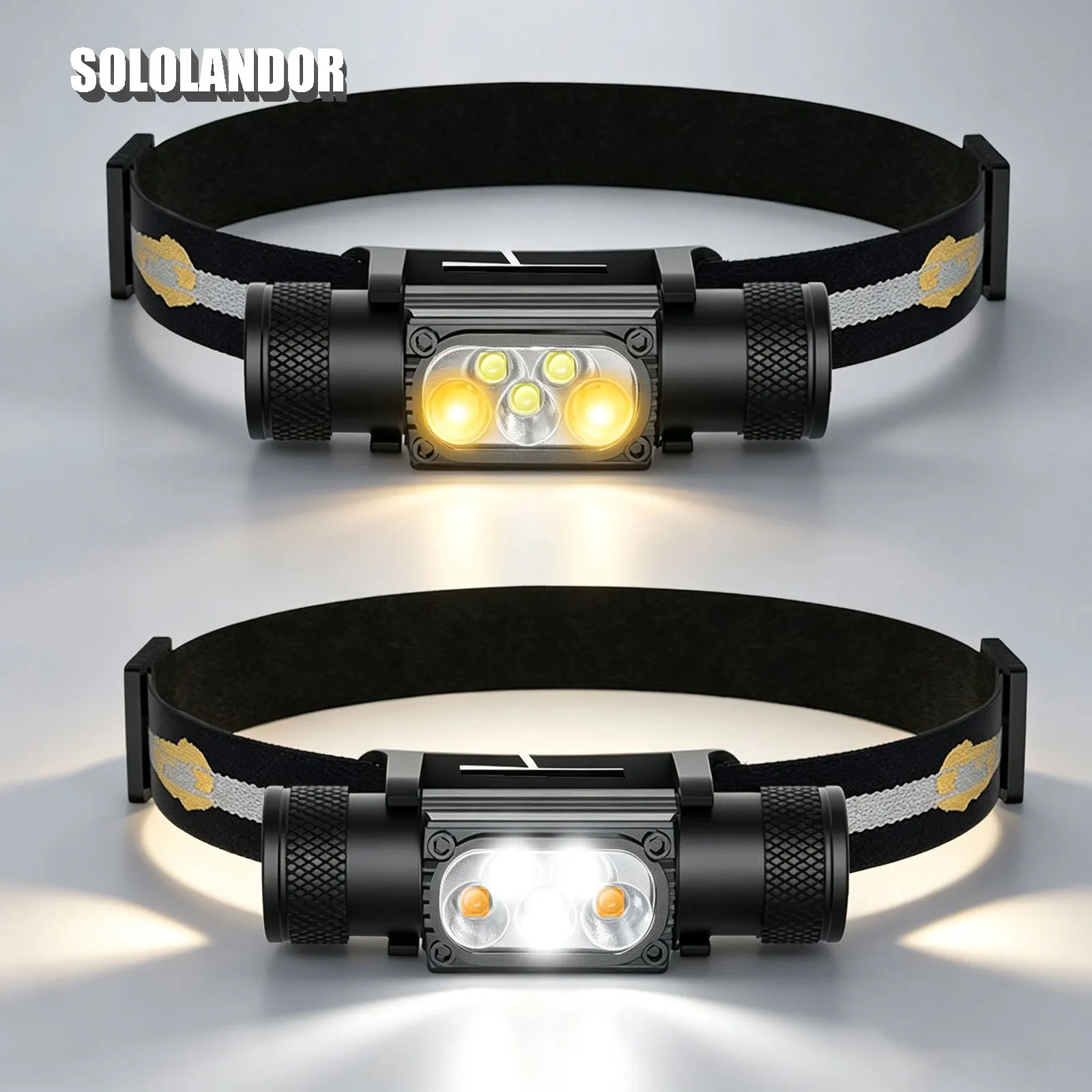 SOLOLANDOR White Yellow LED Headlamp High Power Headlight 18650 Rechargeable USB-C Torch Camping Hunting Flashlight Flash Lamp