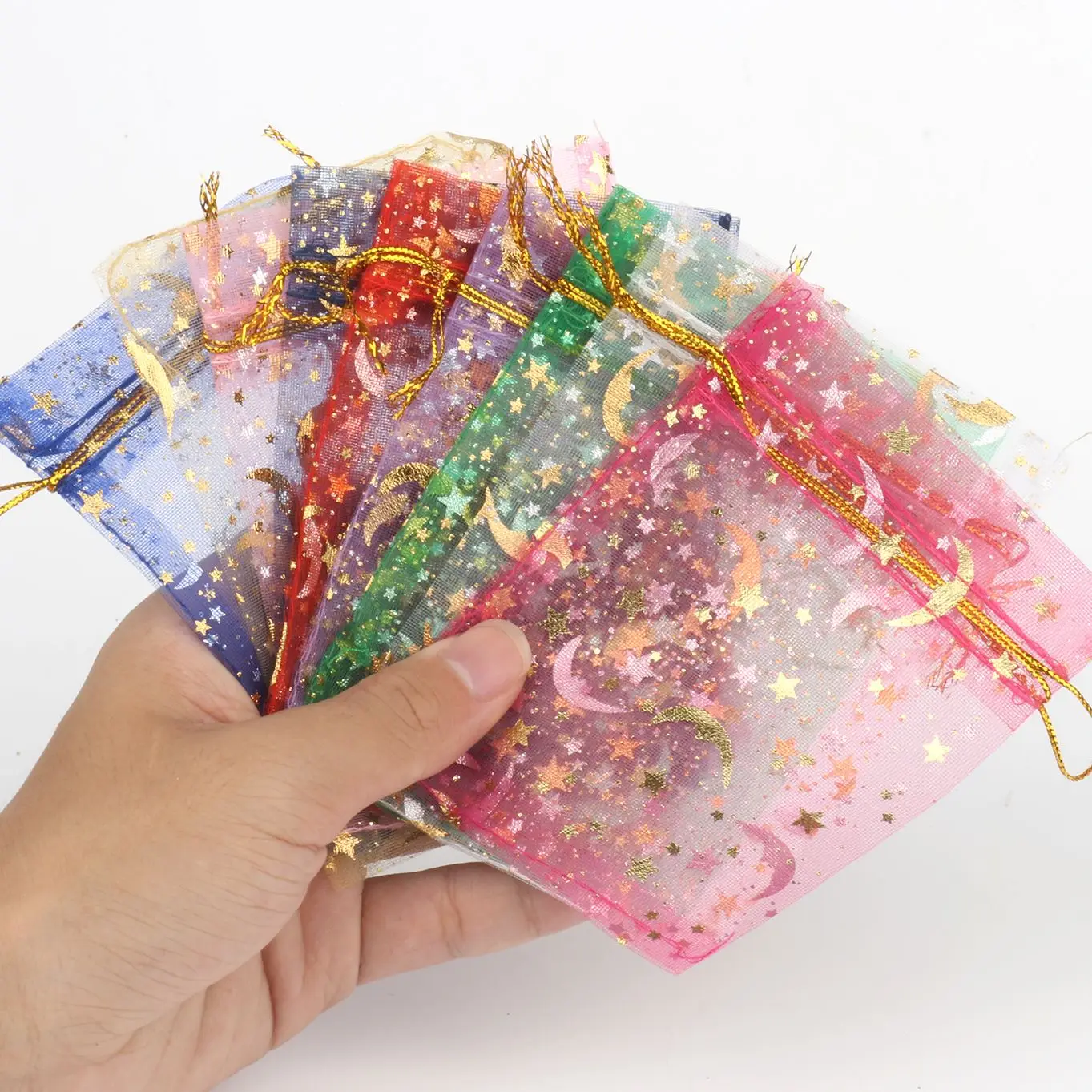 50pcs/lot Jewelry Packaging Moon Star Drawstring Organza Bags Party Goodie Packing Bags Wedding Candy Gifts Pouches Wholesale