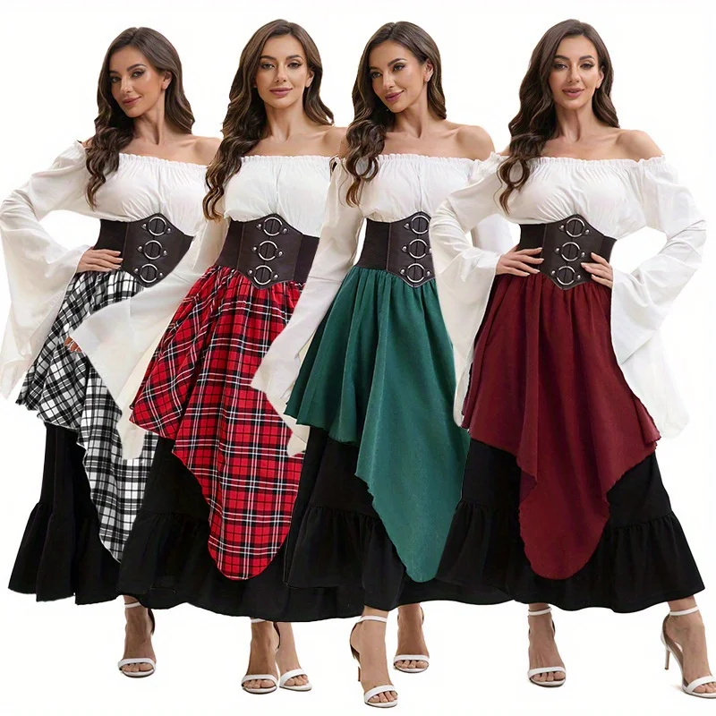 

Vintage Medieval Swing Skirt Red and White Plaid Irregular Skirt Long Skirt Top Waist Set Women's Dress Accessories Set