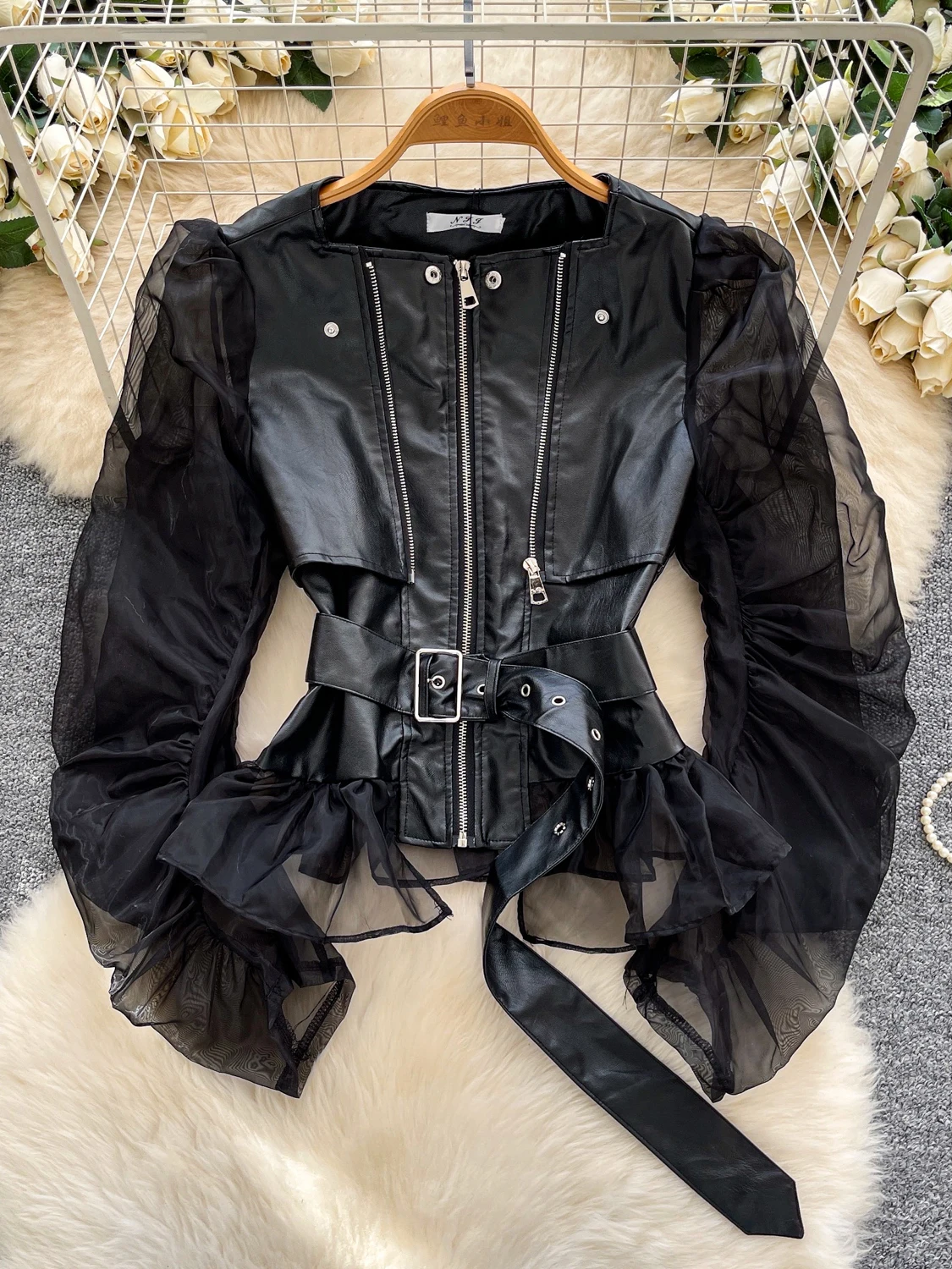 

Faionable PU Leather Jaet Women's Long Sve Waist Cinched Zipper Splicing Design Commute Sle Regular Fit Outerwear