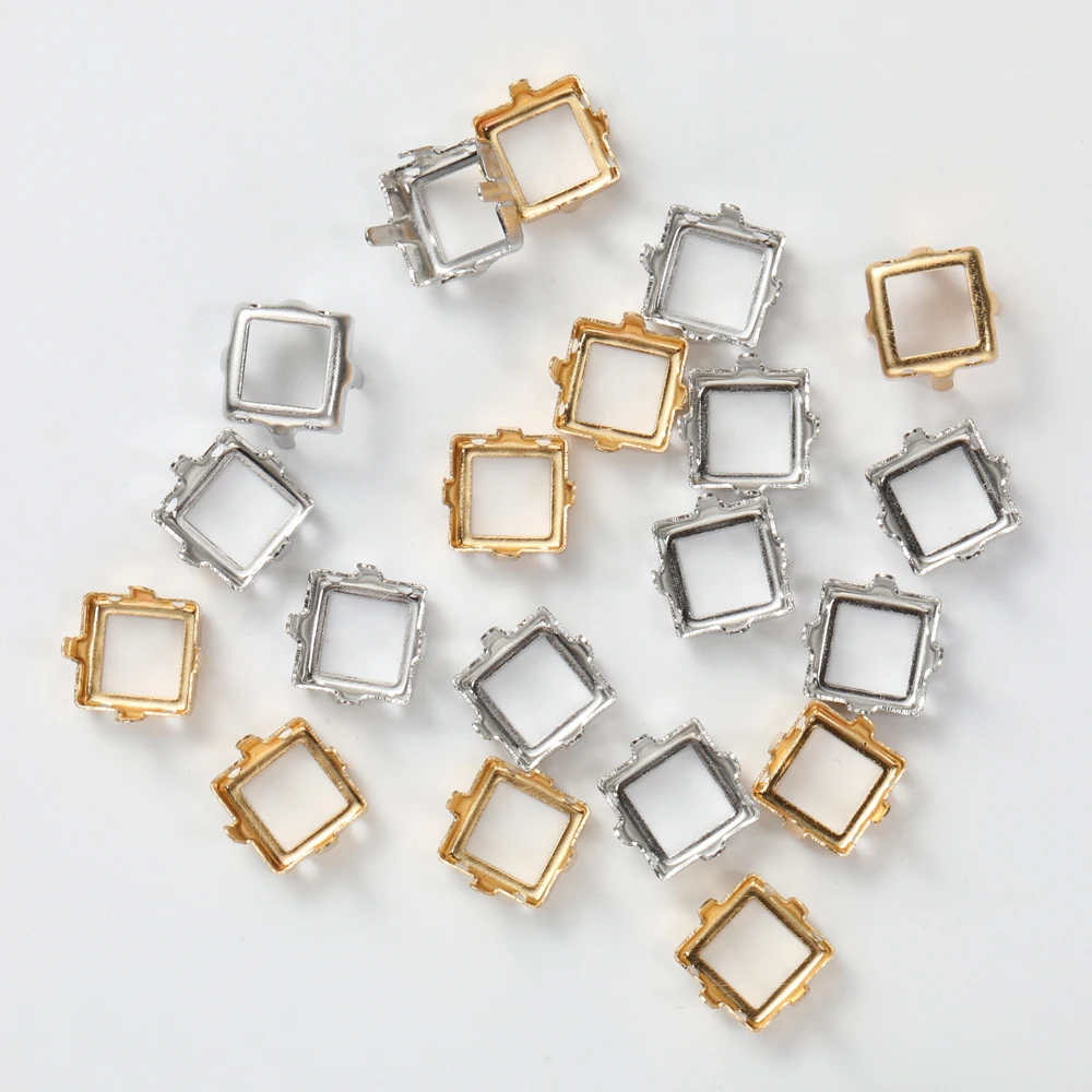 8-12mm Square Rhinestone Frame Hollow Out Golden Color Claws Thicken Copper Material Sewing Claws Fancy Stones Base Container