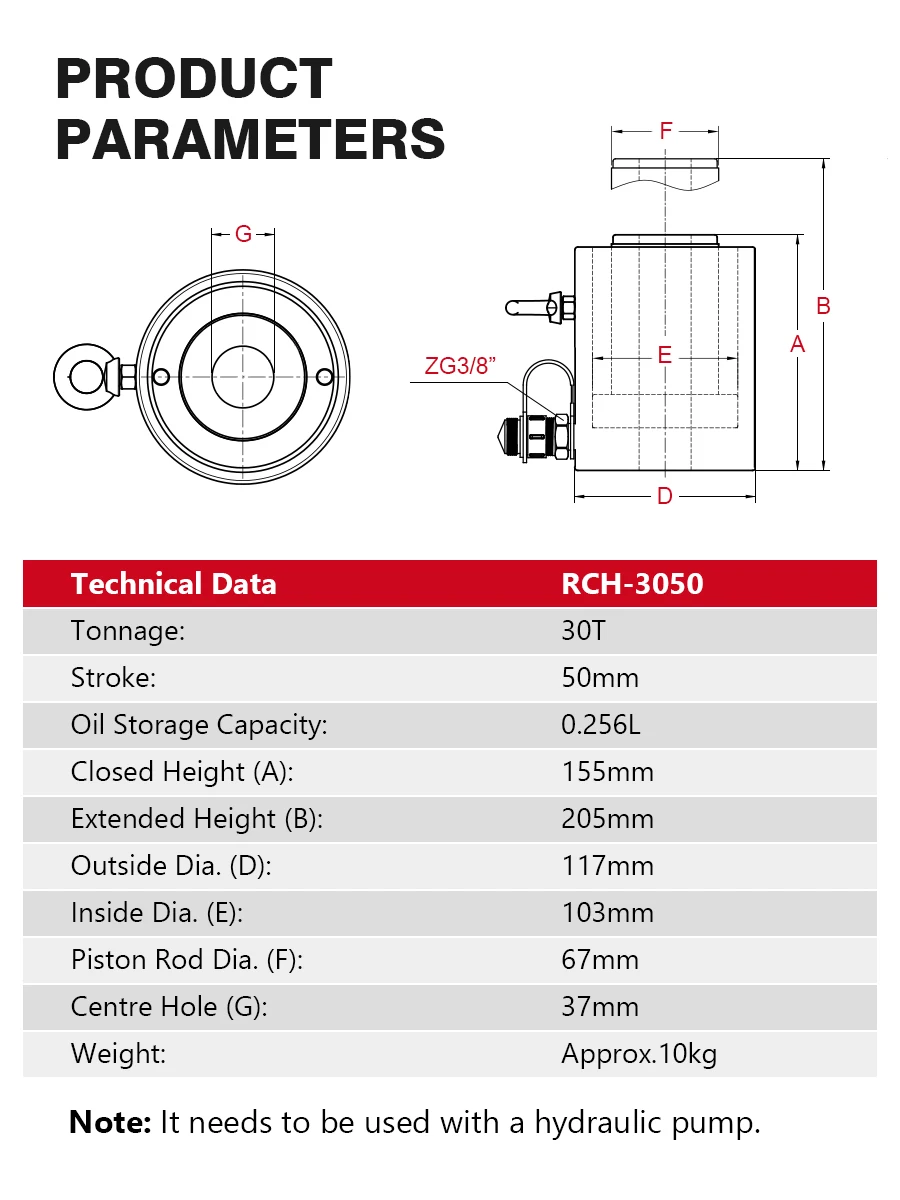 30T أسطوانة هيدروليكية مجوفة RCH-3050 أسطوانة رام مفردة 50 مم أداة رفع شديدة التحمل #2