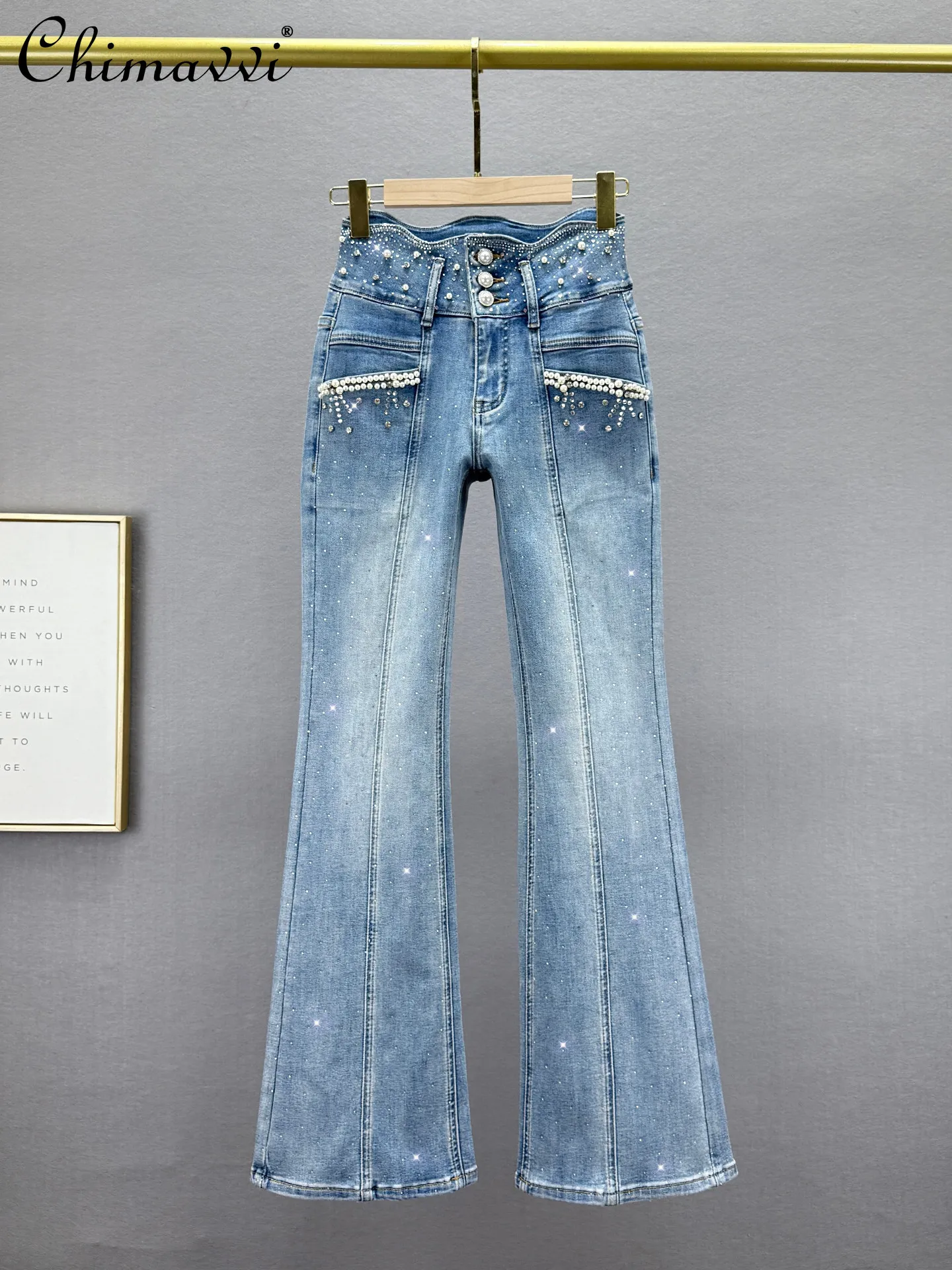 

Heavy-duty Flared Jeans for Women Spring New Fashion Stretch High Waist Slim Fit European Style Rhinestone Elegant Denim Pants