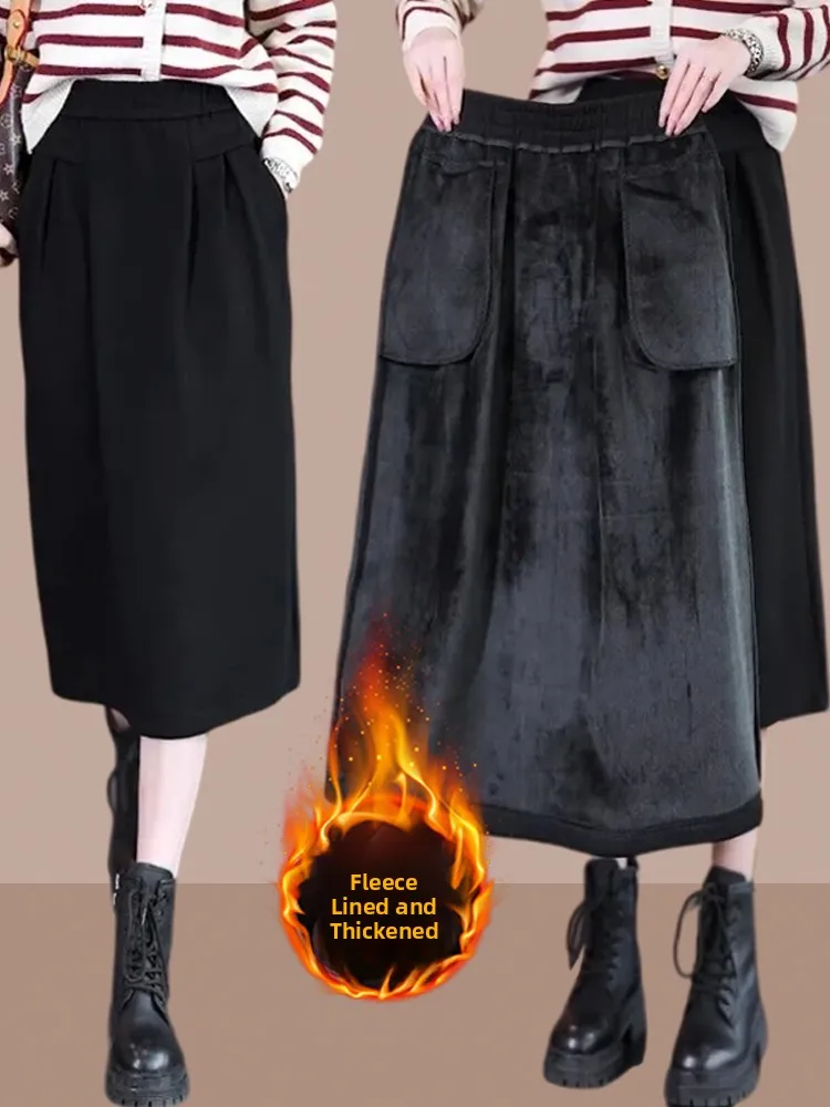 Autumn Winter Woolen A-Line  Skirt Women's Warm Straight Cut Skirt Korean Style Commute Pure Color Small Size Dresses