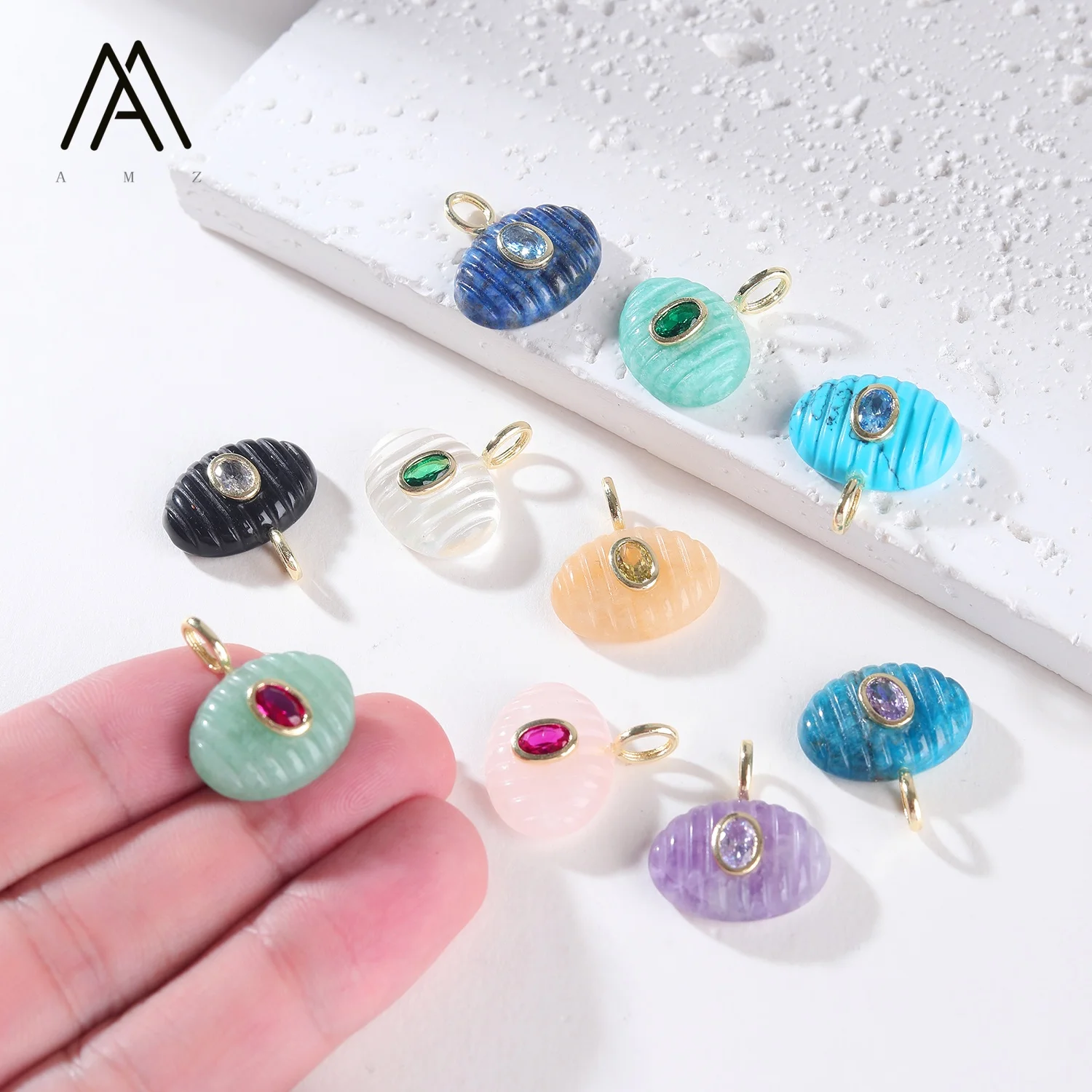 1/3/5/10pcs Fluted Oval Mineral Charm, Multi-hued Natural Stone Ribbed Pendant for DIY Necklace Jewelry Making Golden Plated